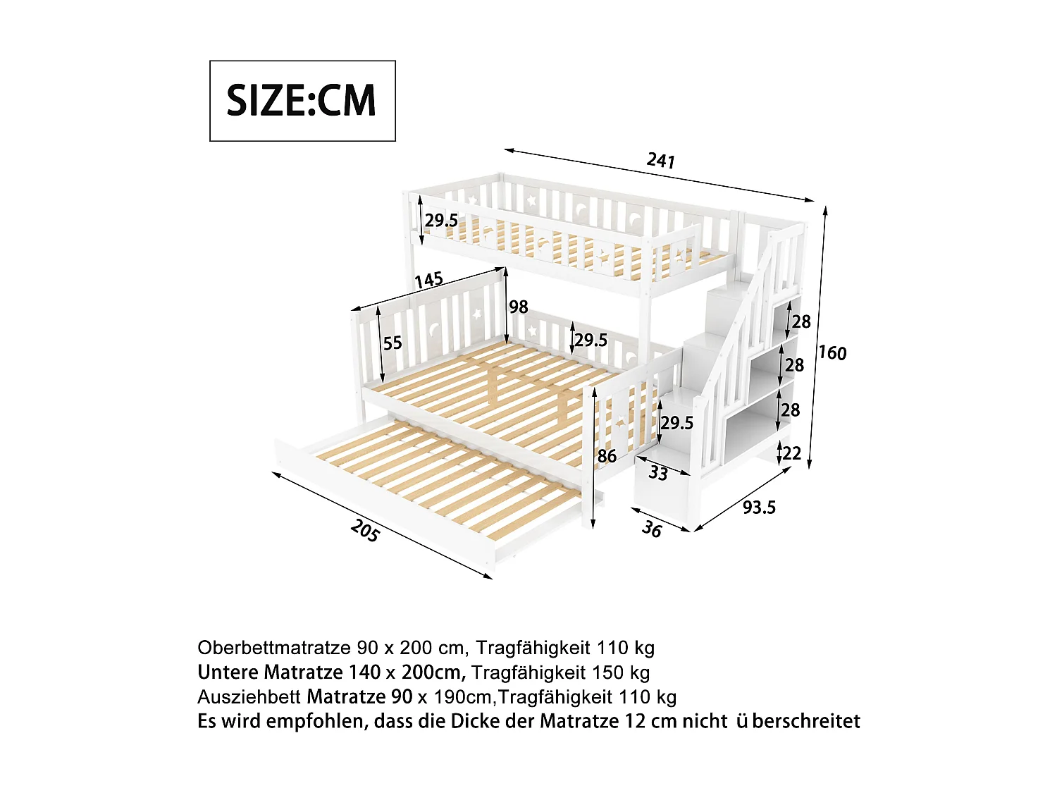 Litera triple 90 x 200 cm + 140 x 200 cm + cama nido 90 x 190 cm - madera maciza - somier incluido - blanco
