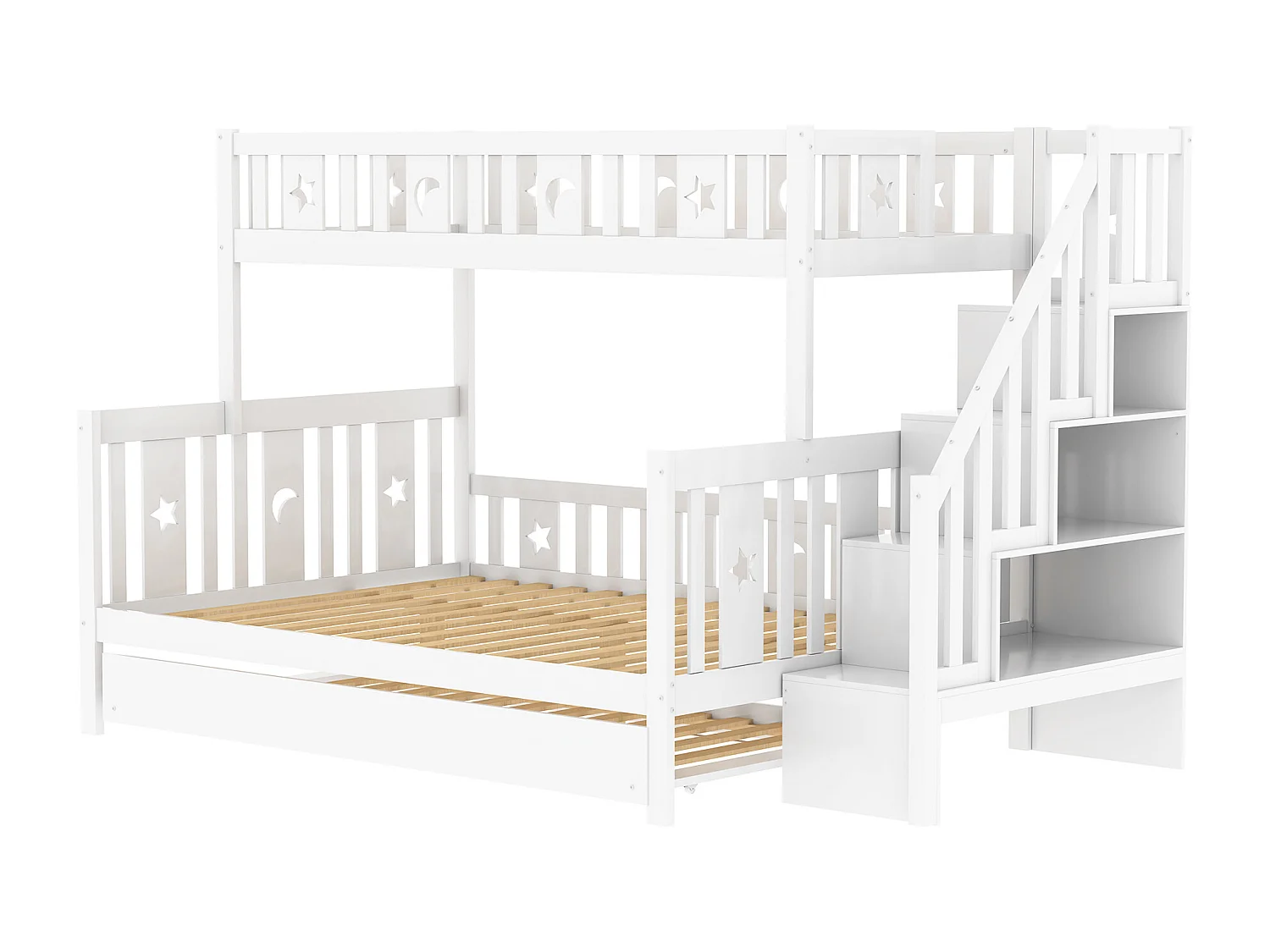 Litera triple 90 x 200 cm + 140 x 200 cm + cama nido 90 x 190 cm - madera maciza - somier incluido - blanco