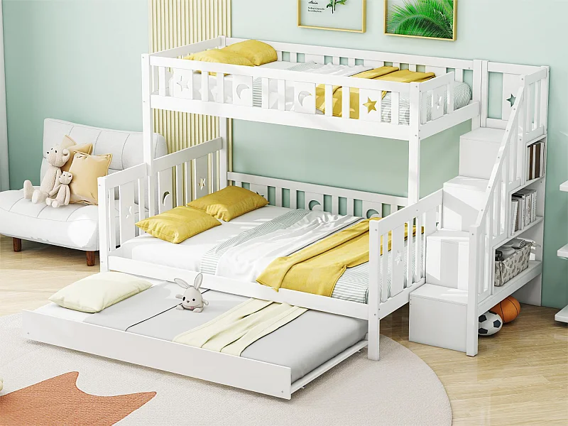 Beliche triplo 90 x 200 cm + 140 x 200 cm + bicama 90 x 190 cm - madeira maciça - box spring incluído - branco