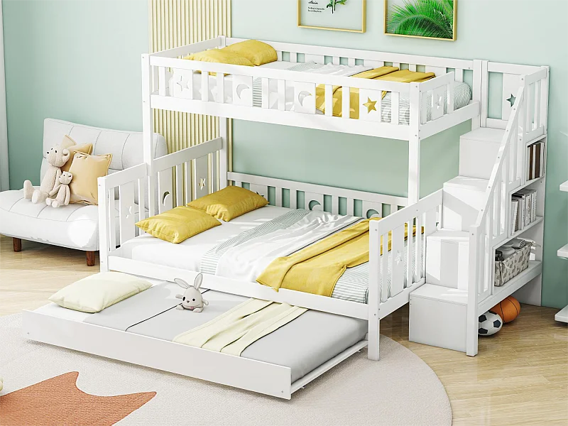 Lit superposé triple 90 x 200 cm + 140 x 200 cm + lit gigogne 90 x 190 cm - bois massif - sommier inclus - blanc