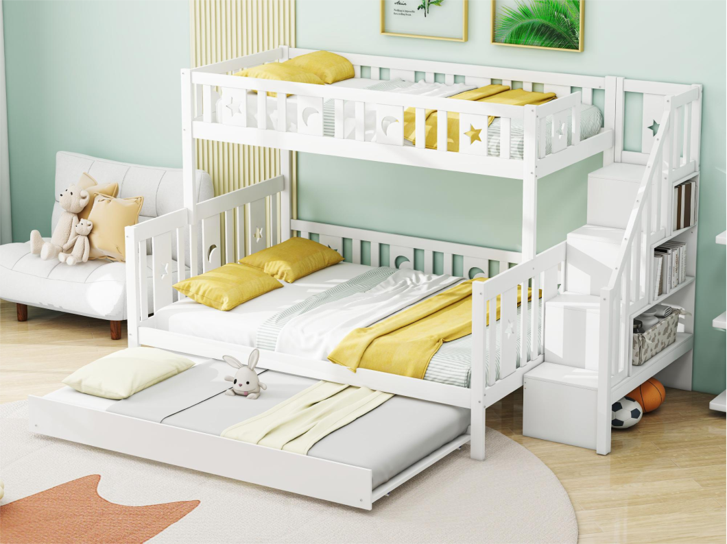 Litera triple 90 x 200 cm + 140 x 200 cm + cama nido 90 x 190 cm - madera maciza - somier incluido - blanco