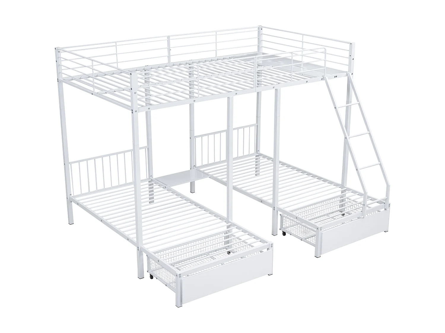 Lit superposé triple 2 x 90 x 200 cm + 140 x 200 cm - 2 tiroirs -  métal - sommier inclus- coloris blanc