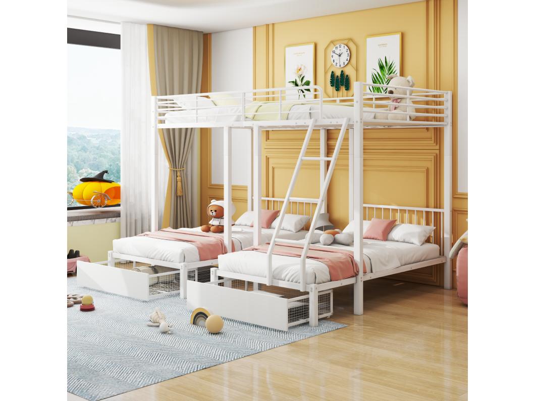 Litera triple 2 x 90 x 200 cm + 140 x 200 cm - 2 cajones - metal - somier incluido - color blanco