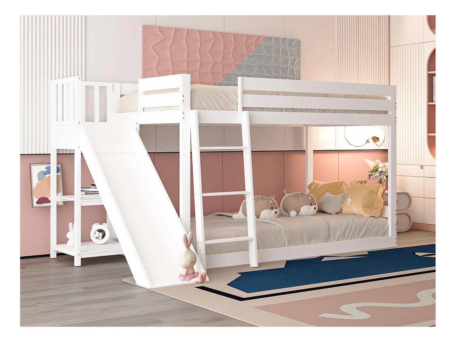 Lit superposé 2 x 90 x 200cm - toboggan + étagères - cadre en pin - coloris blanc