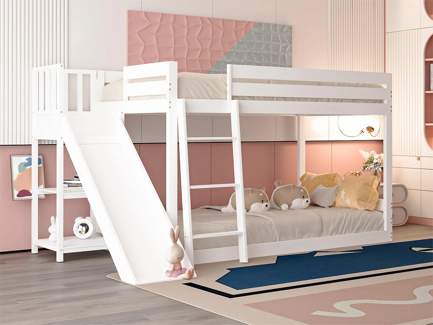 Lit superposé 2 x 90 x 200cm - toboggan + étagères - cadre en pin - coloris blanc