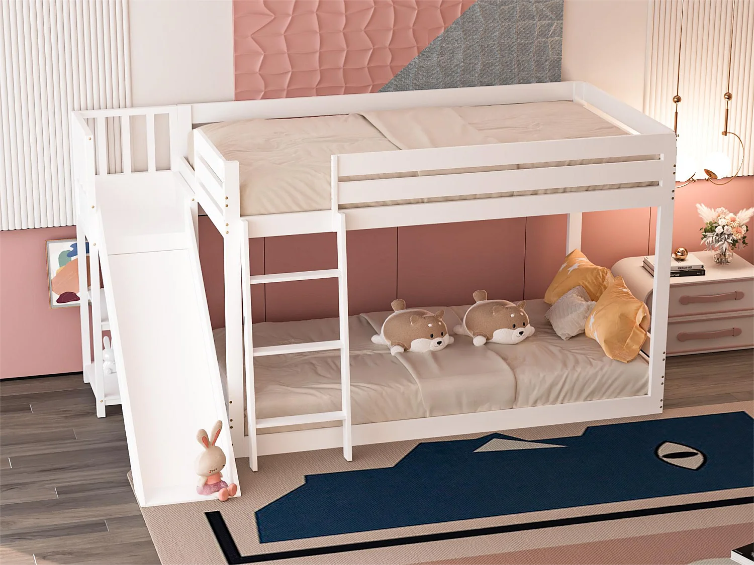 Lit superposé 2 x 90 x 200cm - toboggan + étagères - cadre en pin - coloris blanc