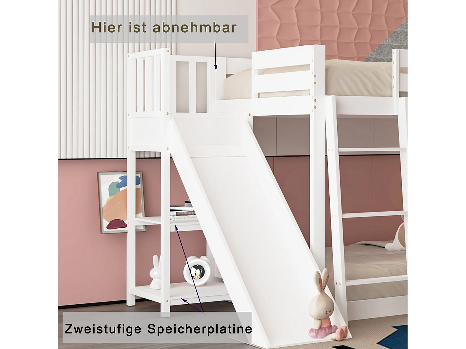 Lit superposé 2 x 90 x 200cm - toboggan + étagères - cadre en pin - coloris blanc