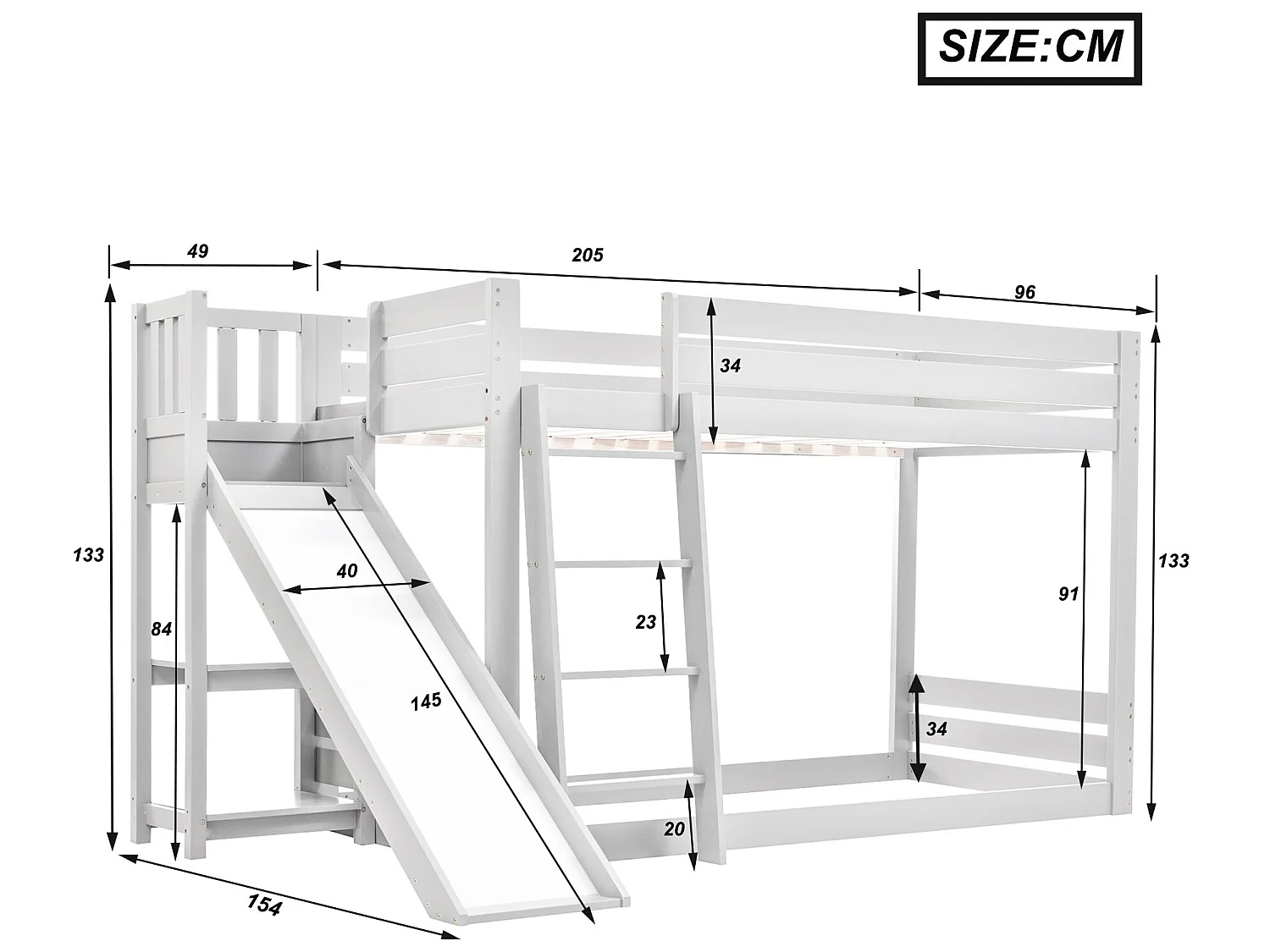 Lit superposé 2 x 90 x 200cm - toboggan + étagères - cadre en pin - coloris blanc