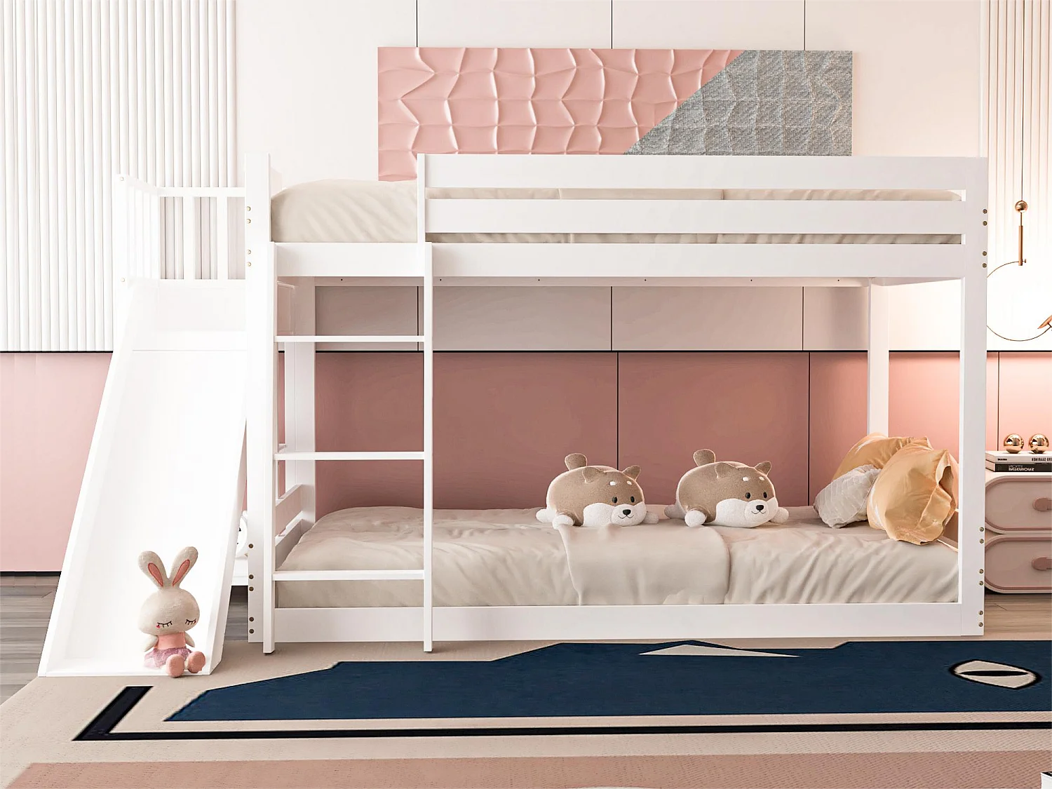 Lit superposé 2 x 90 x 200cm - toboggan + étagères - cadre en pin - coloris blanc