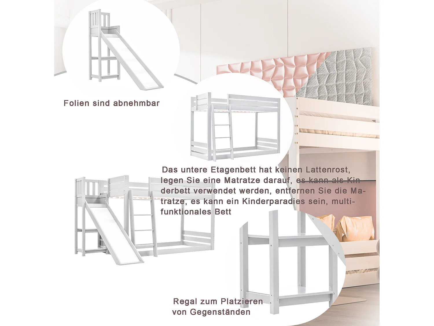 Lit superposé 2 x 90 x 200cm - toboggan + étagères - cadre en pin - coloris blanc