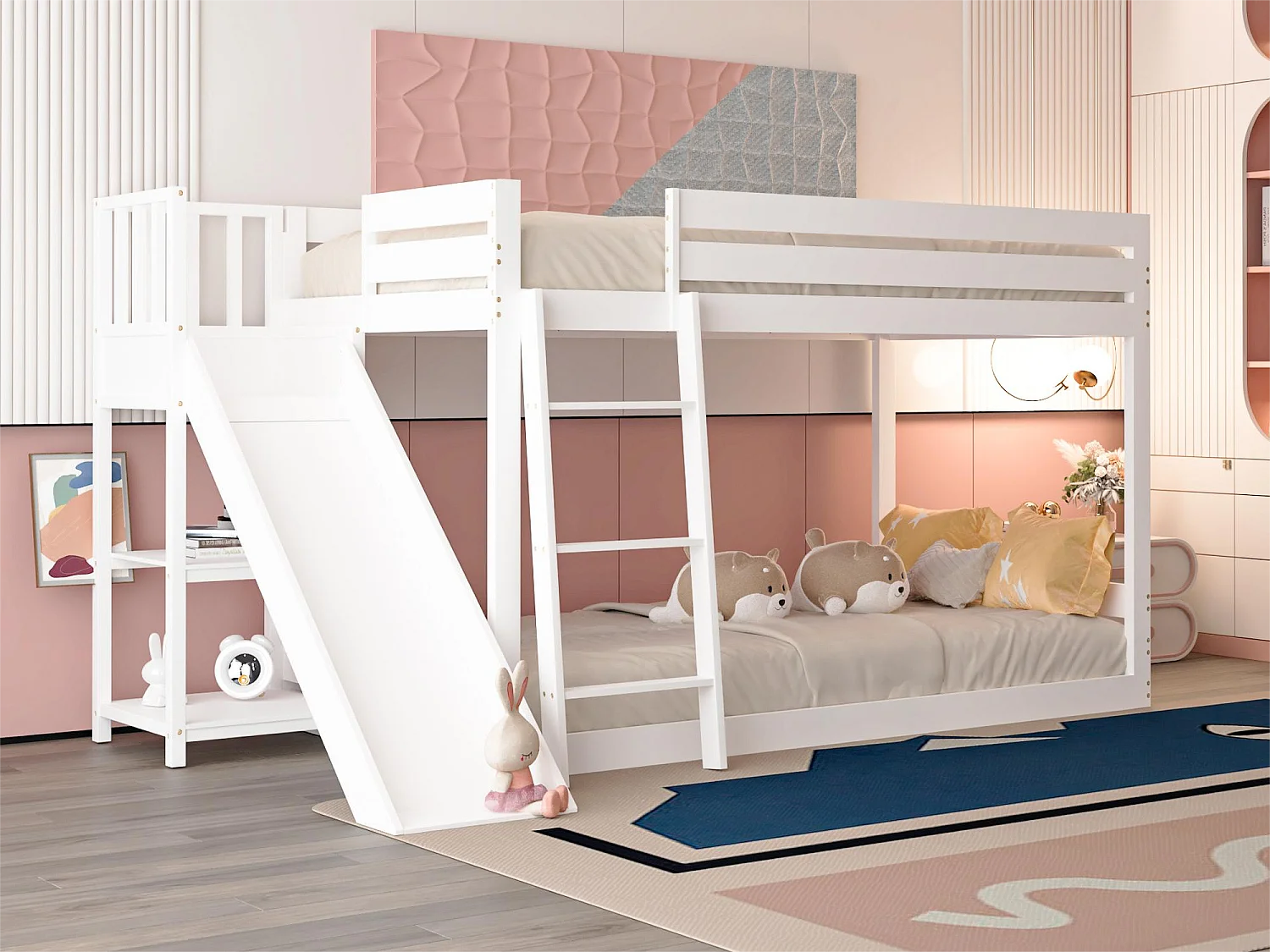 Lit superposé 2 x 90 x 200cm - toboggan + étagères - cadre en pin - coloris blanc