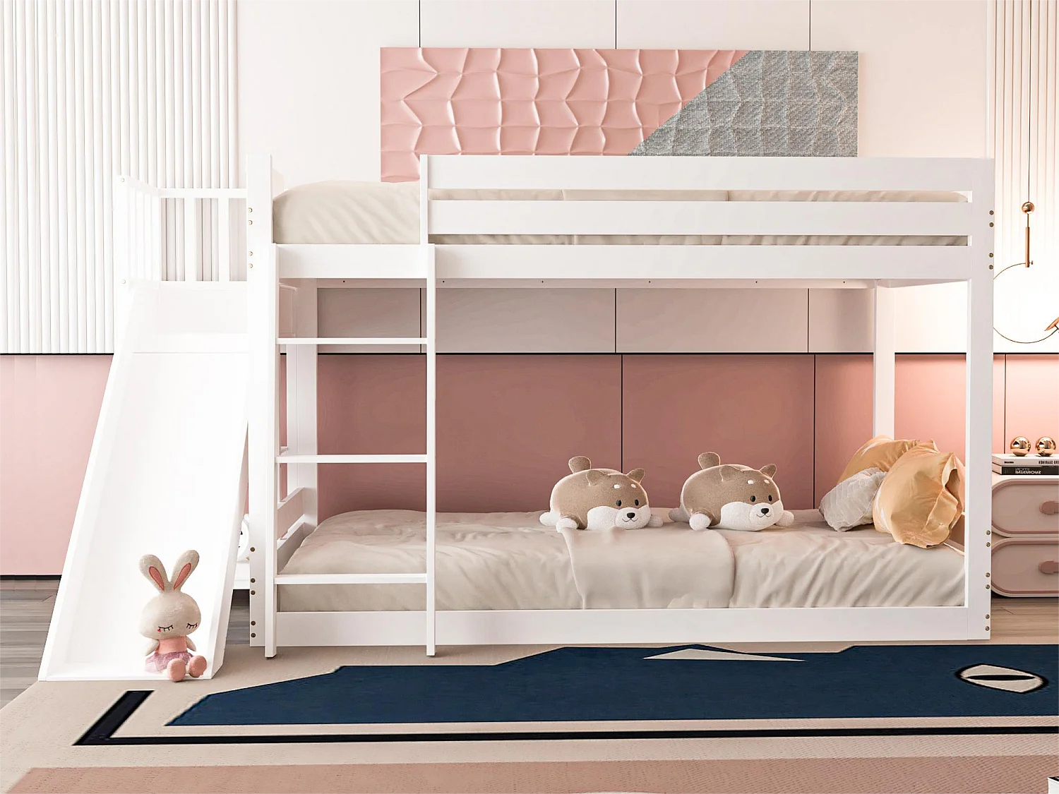 Lit superposé 2 x 90 x 200cm - toboggan + étagères - cadre en pin - coloris blanc