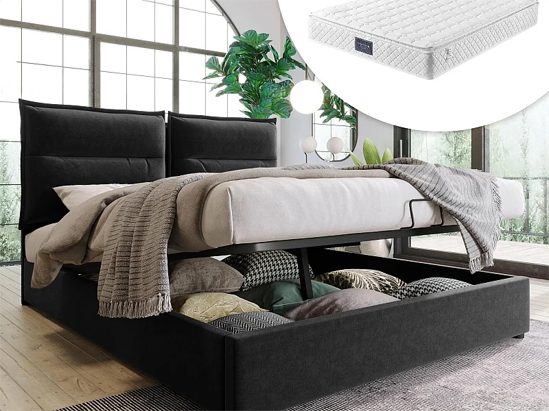 Lit coffre avec rangement 140 x 200 cm - velours - sommier à lattes - noir + matelas