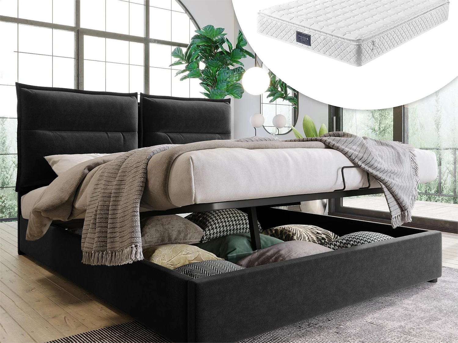 Bettkasten mit Stauraum 140 x 200 cm – Samt – Lattenrost – Schwarz + Matratze