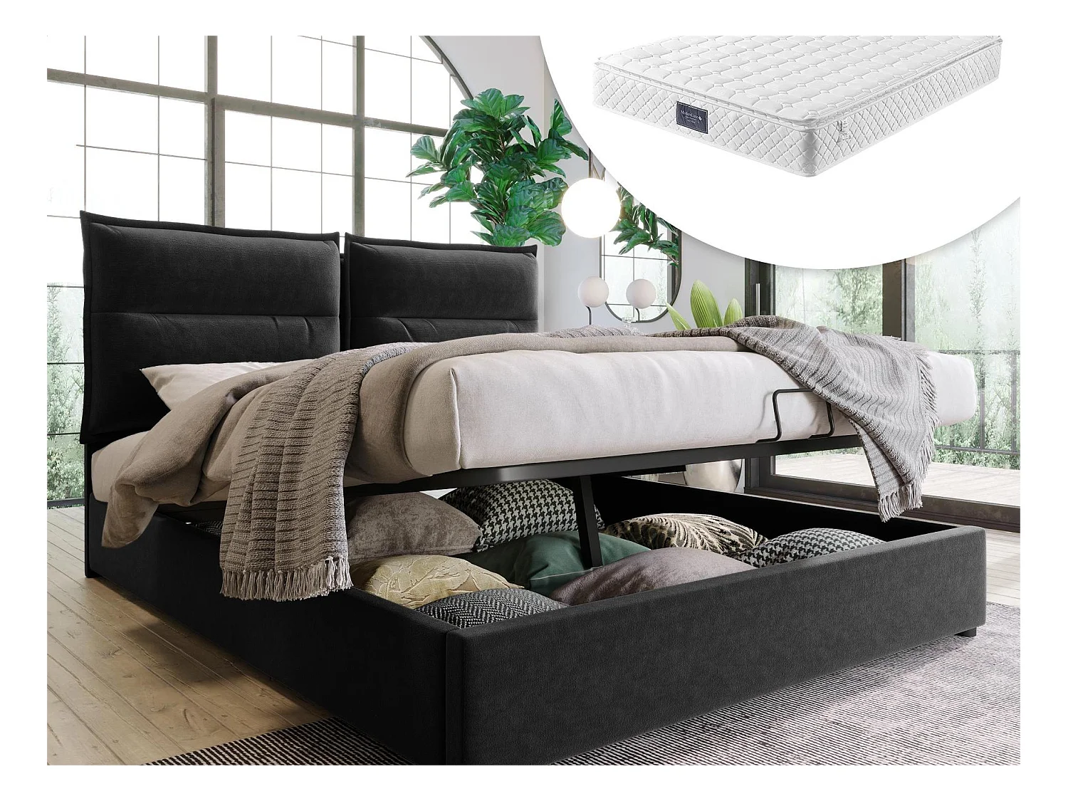 Opbergbed met opbergruimte 140 x 200 cm - fluweel - lattenbodem - zwart + matras