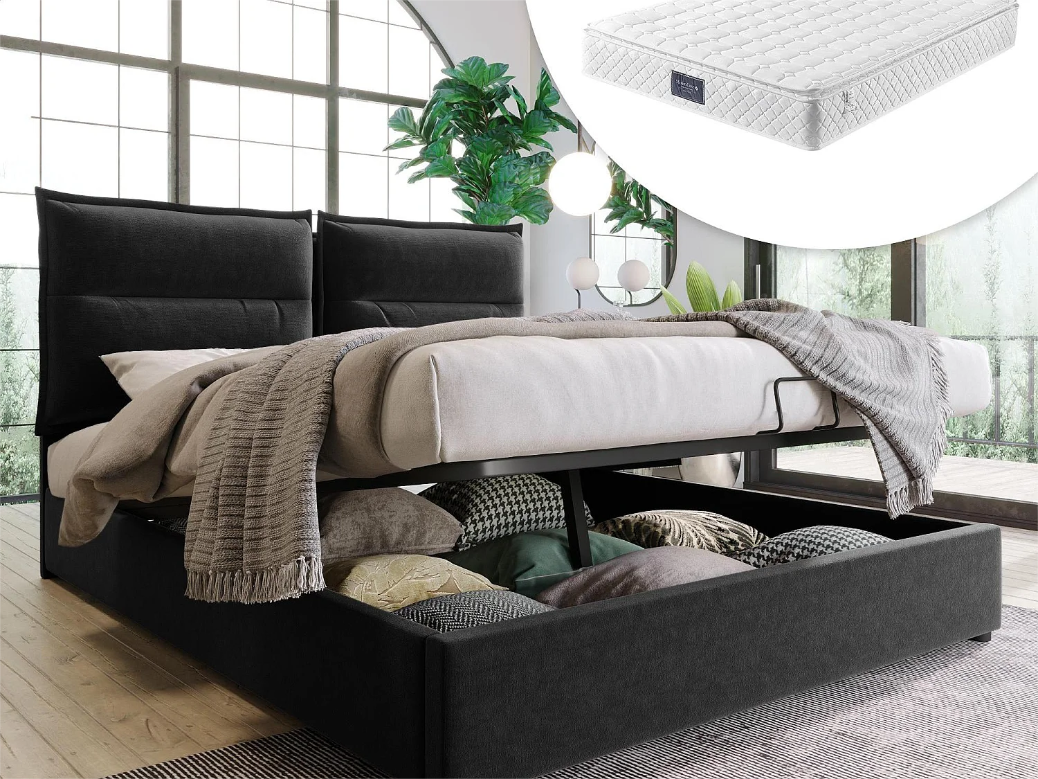 Letto contenitore con contenitore 140 x 200 cm - velluto - rete a doghe - nero + materasso