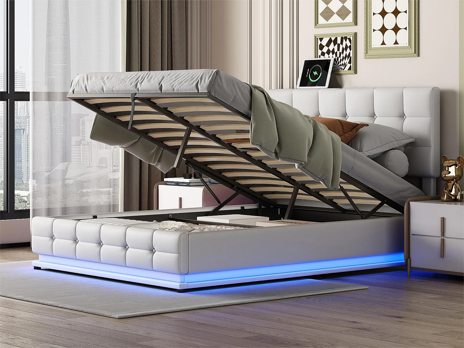 Lit coffre 140 x 200 cm - cuir PU -  LEDs et sommier inclus - pour adulte- coloris blanc