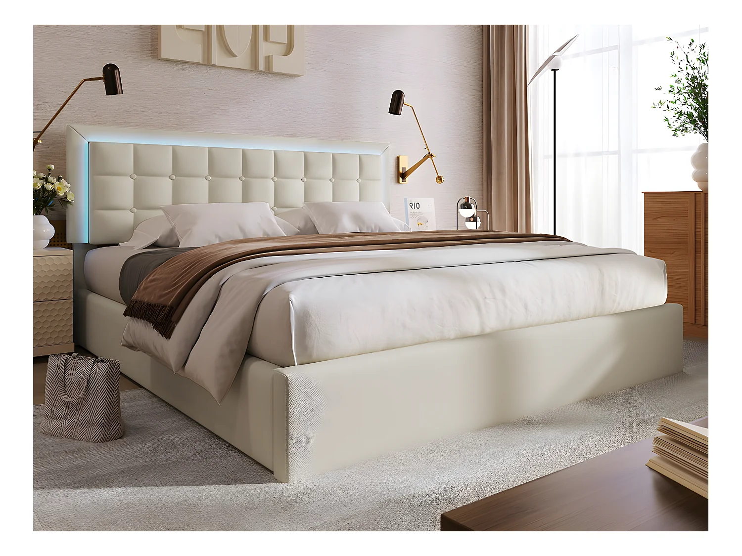 Lit coffre 160 x 200 cm - cuir pu - LEDs - sommier à lattes - blanc
