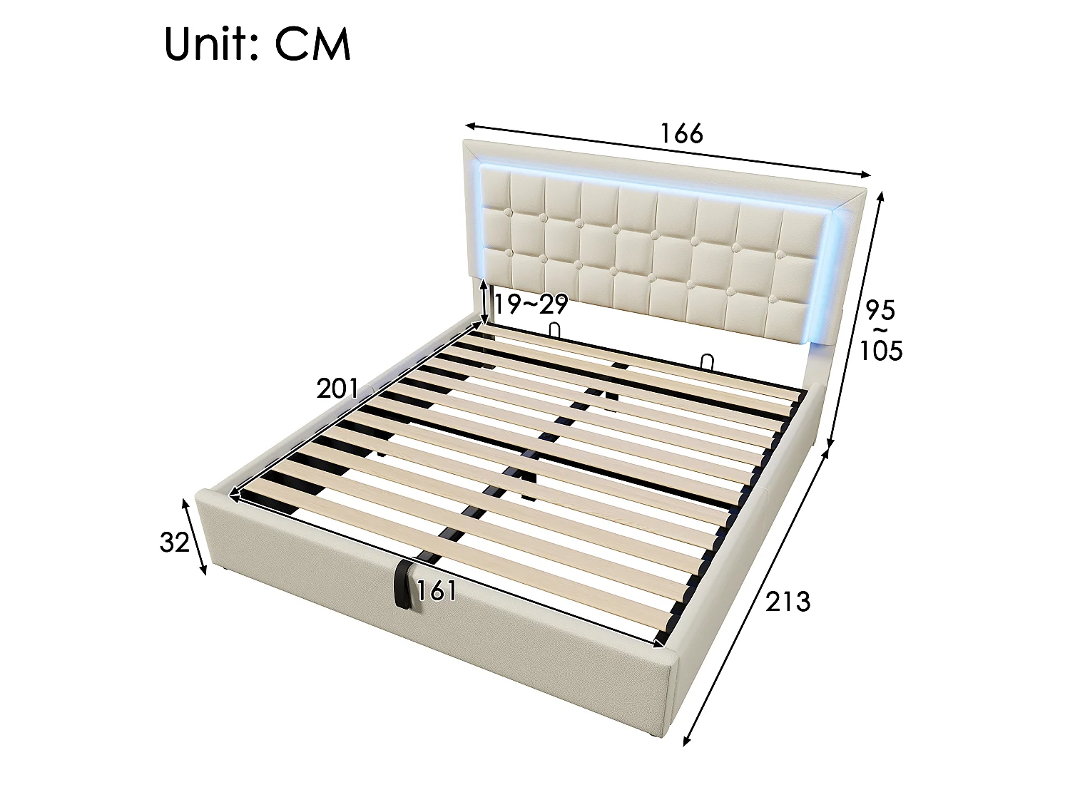Cama baú 160 x 200 cm - couro sintético (PU) - LEDs - estrado de ripas - Branco