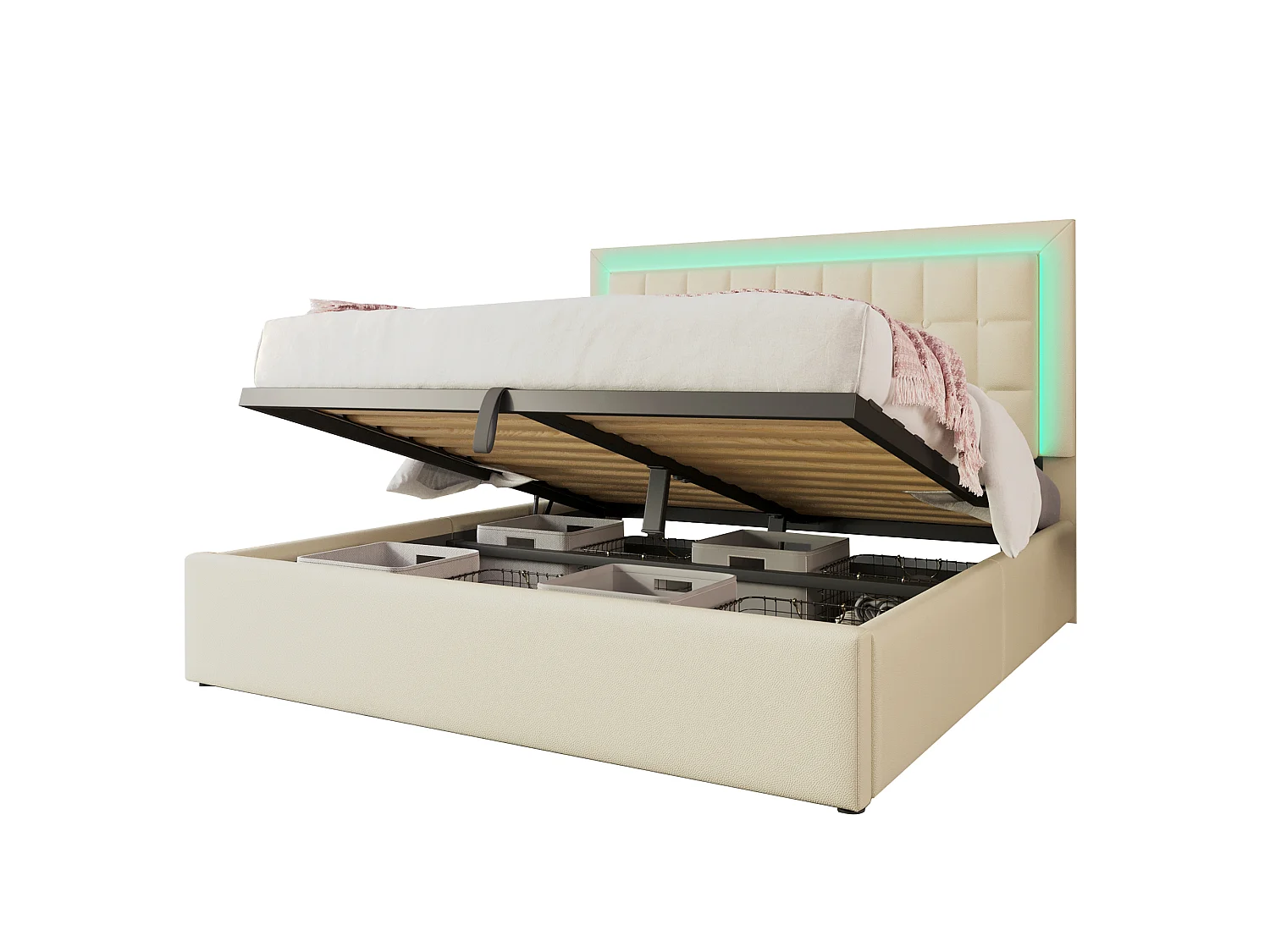 Cama baú 160 x 200 cm - couro sintético (PU) - LEDs - estrado de ripas - Branco