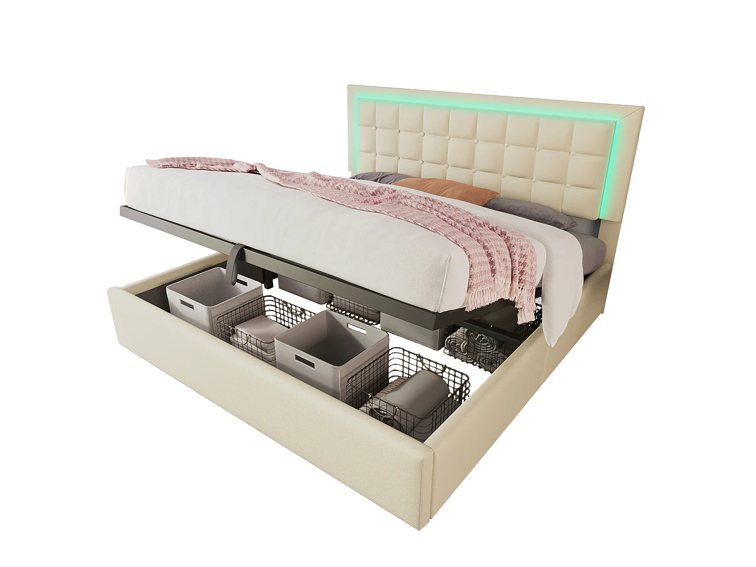 Cama baú 160 x 200 cm - couro sintético (PU) - LEDs - estrado de ripas - Branco