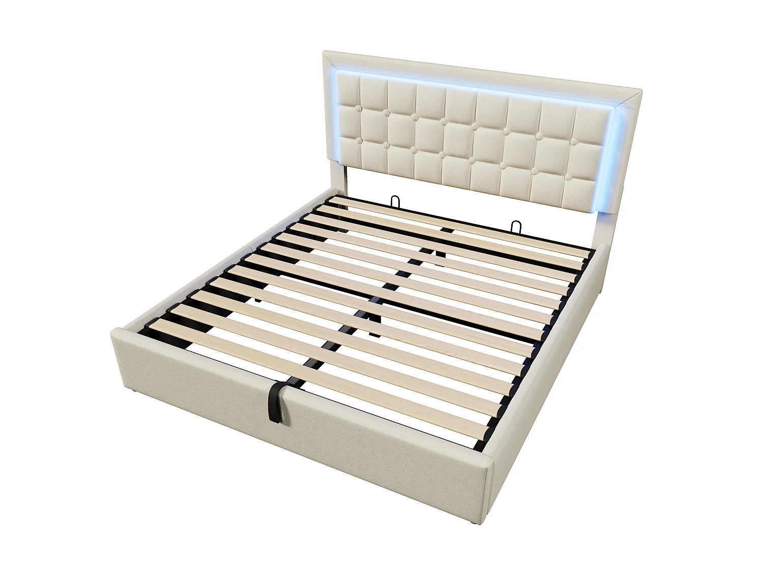 Cama baú 160 x 200 cm - couro sintético (PU) - LEDs - estrado de ripas - Branco