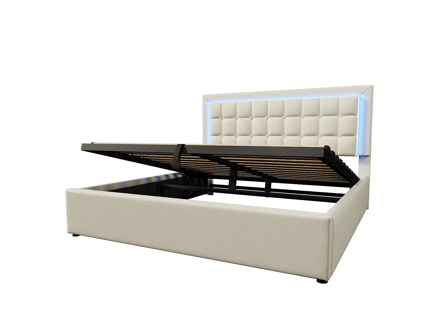 Cama baú 160 x 200 cm - couro sintético (PU) - LEDs - estrado de ripas - Branco
