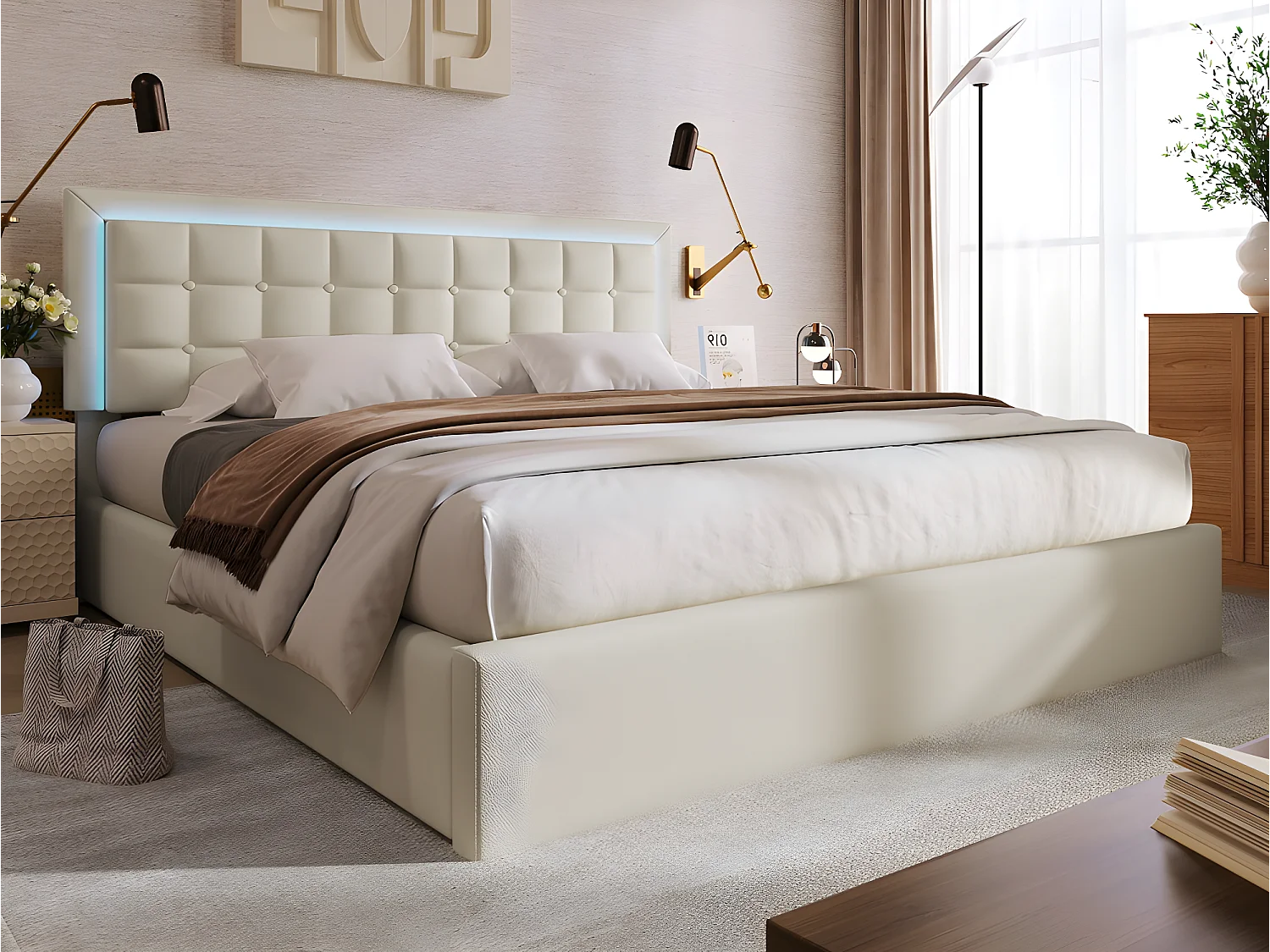 Letto contenitore 160 x 200 cm - pelle sintetica - LED - rete a doghe - bianco