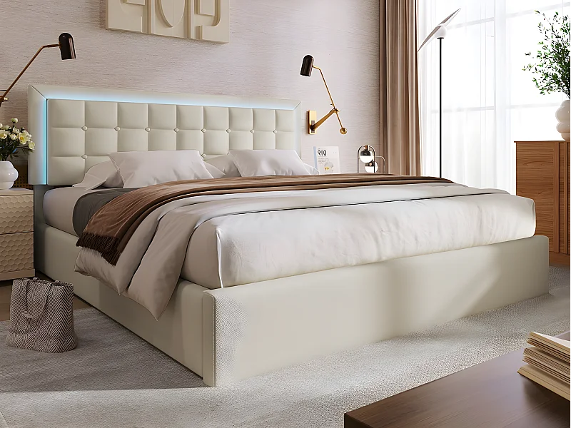 Lit coffre 160 x 200 cm - cuir pu - LEDs - sommier à lattes - blanc