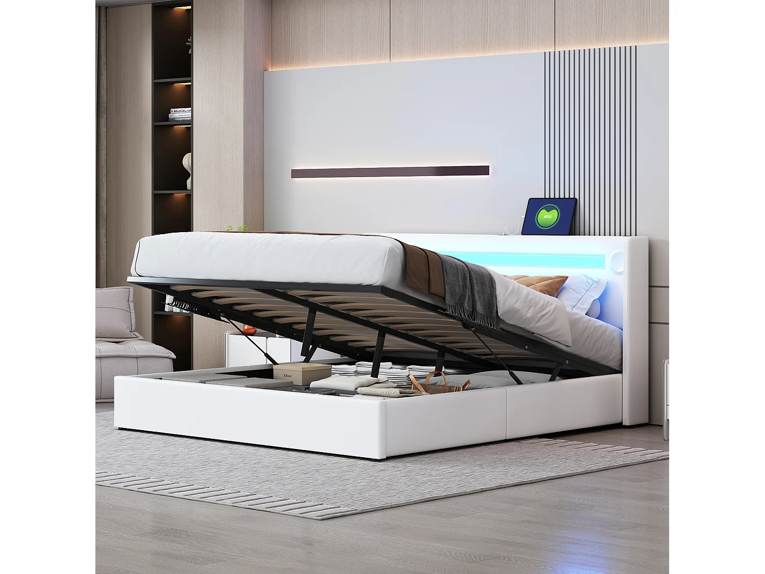 Lit coffre 160 x 200 cm - cuir PU - LEDs, bluetooth et prise USB - coloris blanc