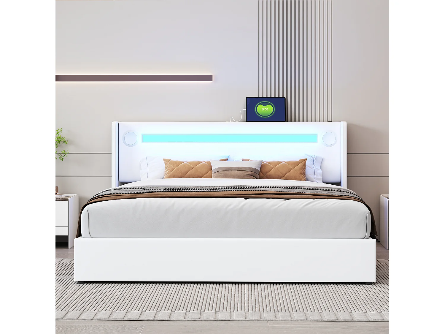Lit coffre 160 x 200 cm - cuir PU - LEDs, bluetooth et prise USB - coloris blanc