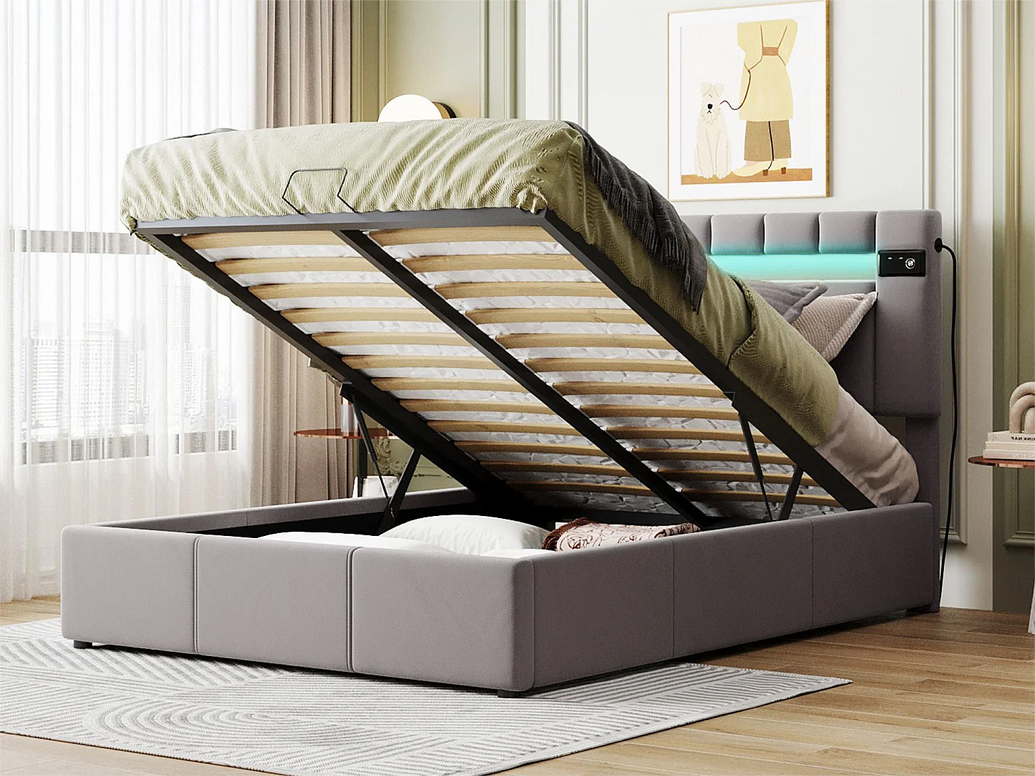 Lit coffre 140 x 200 cm - Velours - Bluetooth, LEDs et prise USB - Style contemporain - Coloris gris