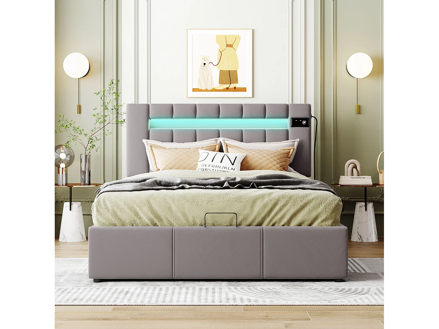 Lit coffre 140 x 200 cm - Velours - Bluetooth, LEDs et prise USB - Style contemporain - Coloris gris