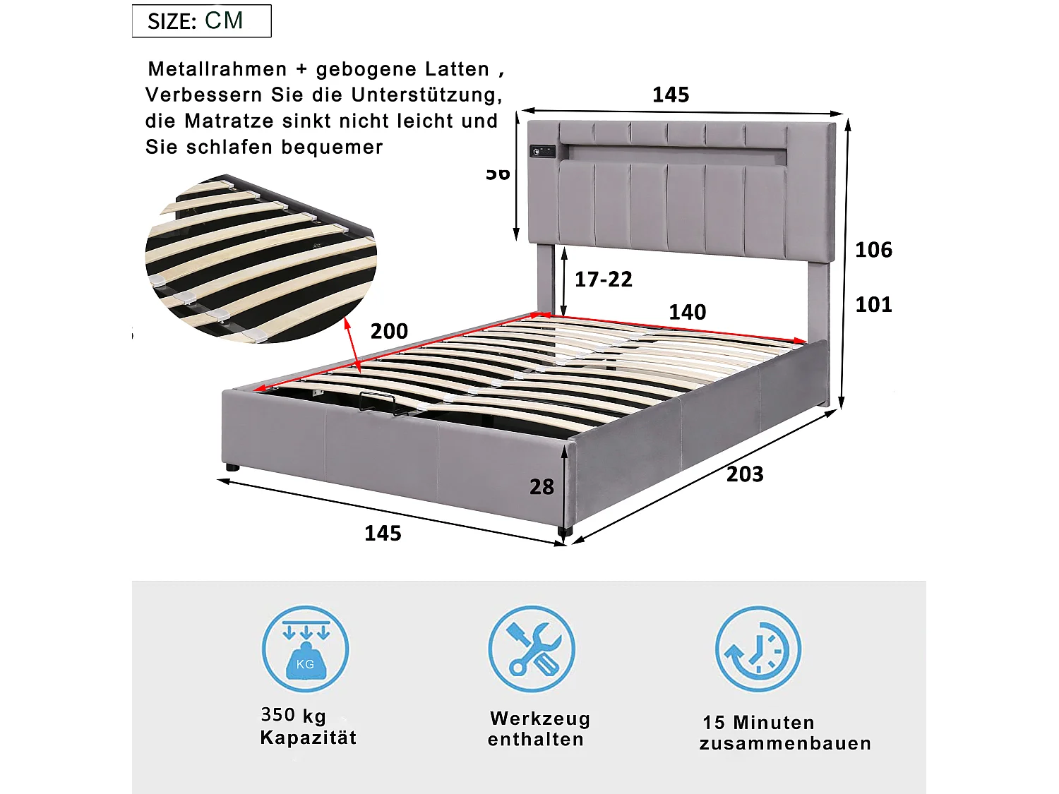 Lit coffre 140 x 200 cm - Velours - Bluetooth, LEDs et prise USB - Style contemporain - Coloris gris
