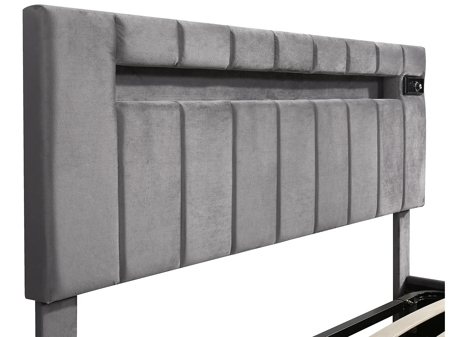 Lit coffre 140 x 200 cm - Velours - Bluetooth, LEDs et prise USB - Style contemporain - Coloris gris