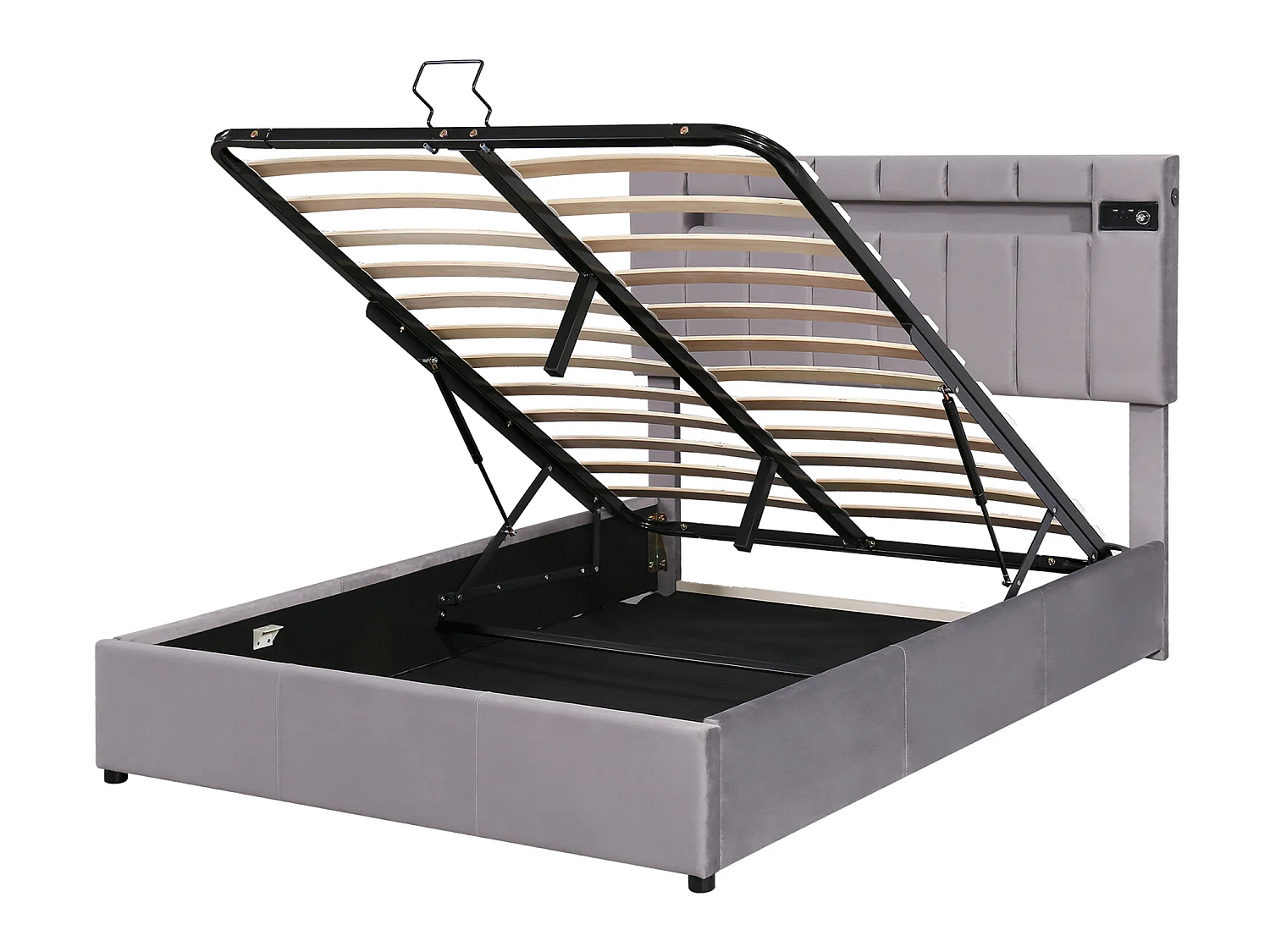 Lit coffre 140 x 200 cm - Velours - Bluetooth, LEDs et prise USB - Style contemporain - Coloris gris