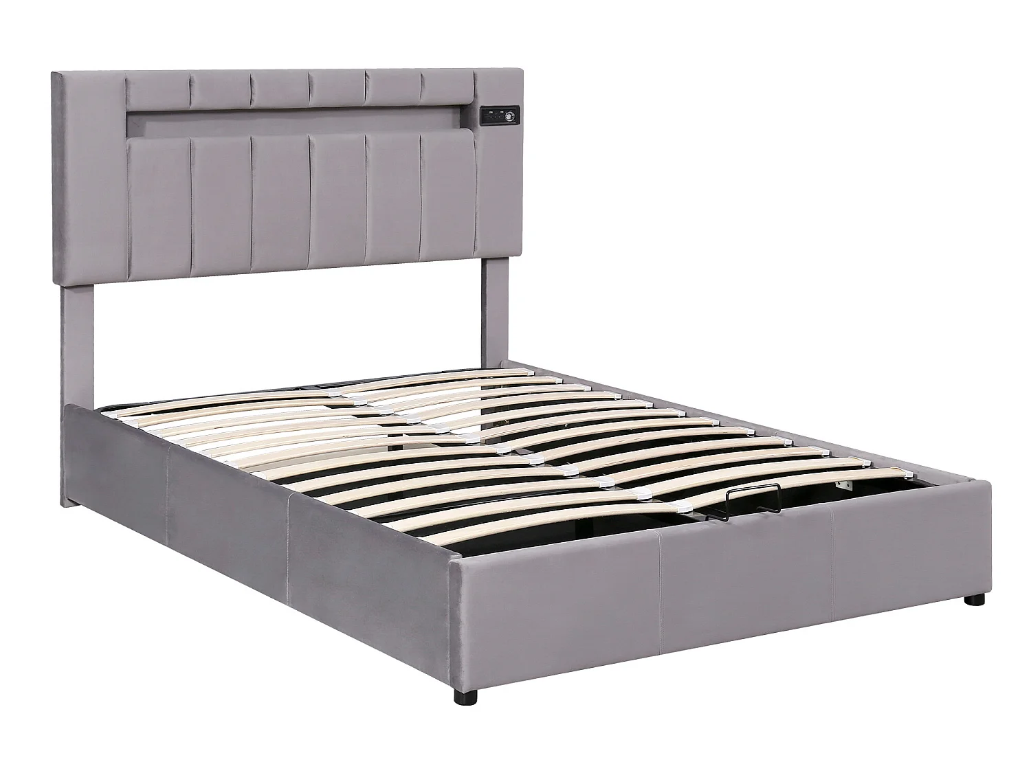 Lit coffre 140 x 200 cm - Velours - Bluetooth, LEDs et prise USB - Style contemporain - Coloris gris