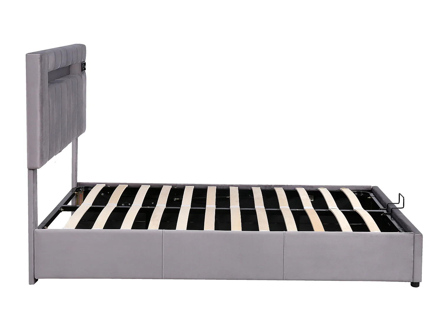 Lit coffre 140 x 200 cm - Velours - Bluetooth, LEDs et prise USB - Style contemporain - Coloris gris