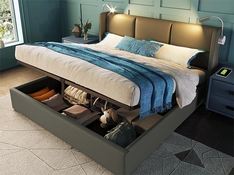 Lit coffre 140 x 200 cm - cuir pu - lampe de lecture et USB - gris