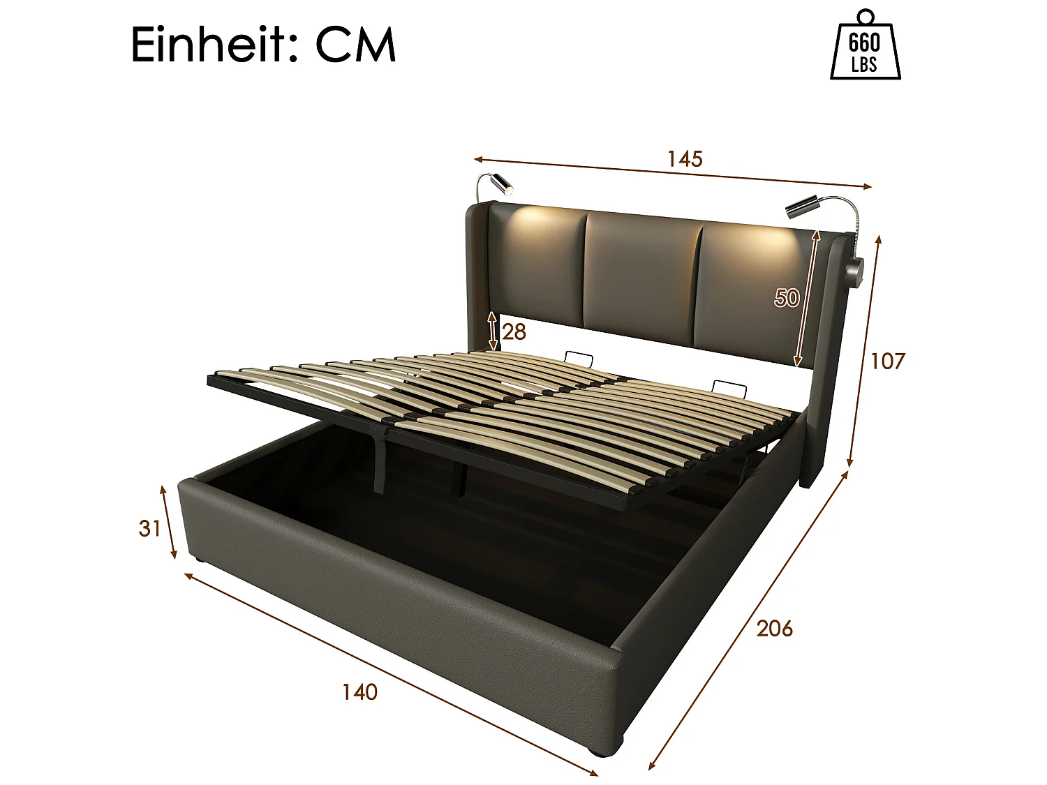 Cama contenedor 140 x 200 cm - cuero pu - lámpara de lectura y USB - gris