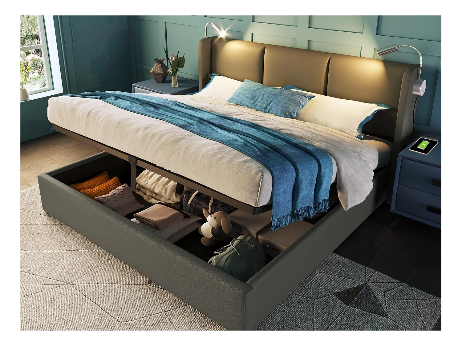 Lit coffre 140 x 200 cm - cuir pu - lampe de lecture et USB - gris