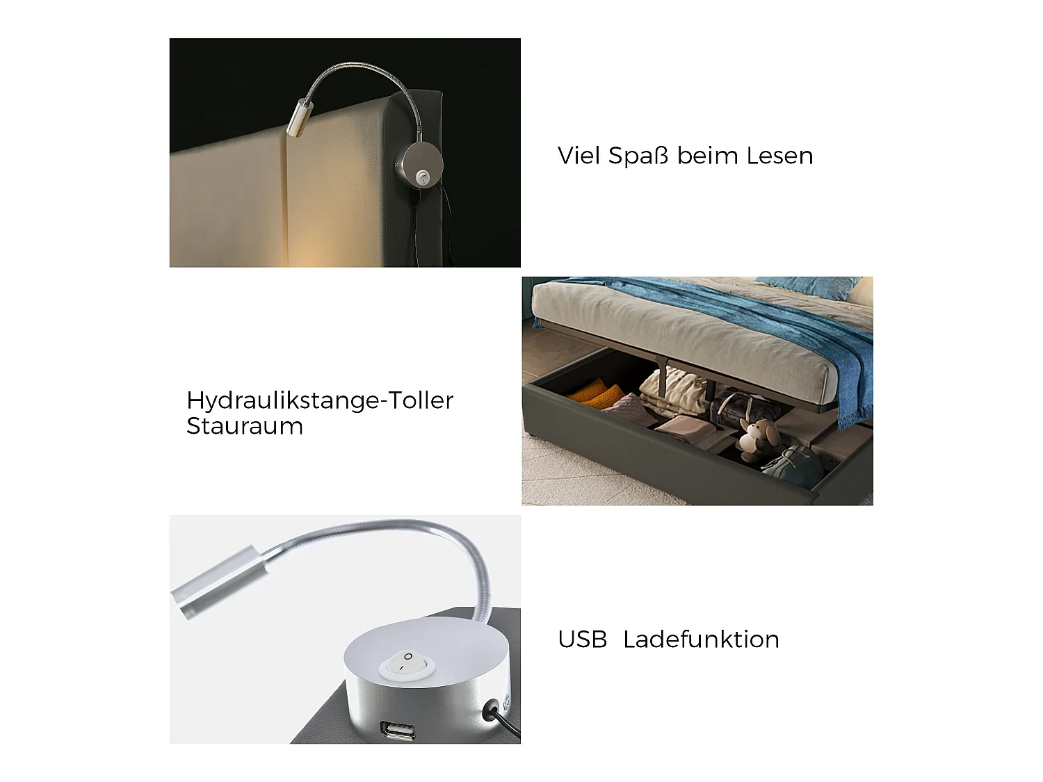 Opbergbed 140 x 200 cm - pu leer - leeslamp en USB - grijs