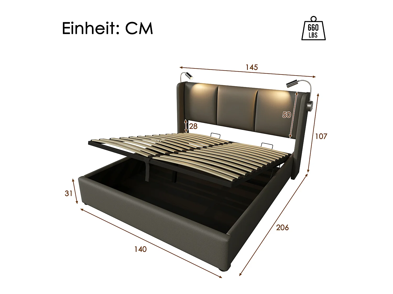 Opbergbed 140 x 200 cm - pu leer - leeslamp en USB - grijs