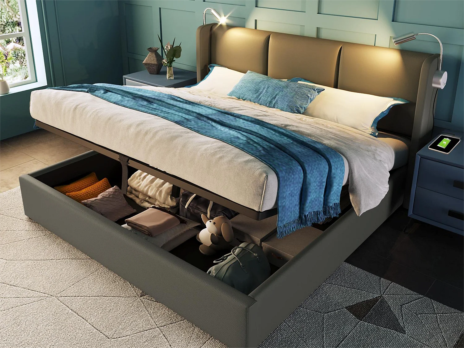 Bett mit Stauraum 140 x 200 cm – Kunstleder – Leselampe und USB – Grau