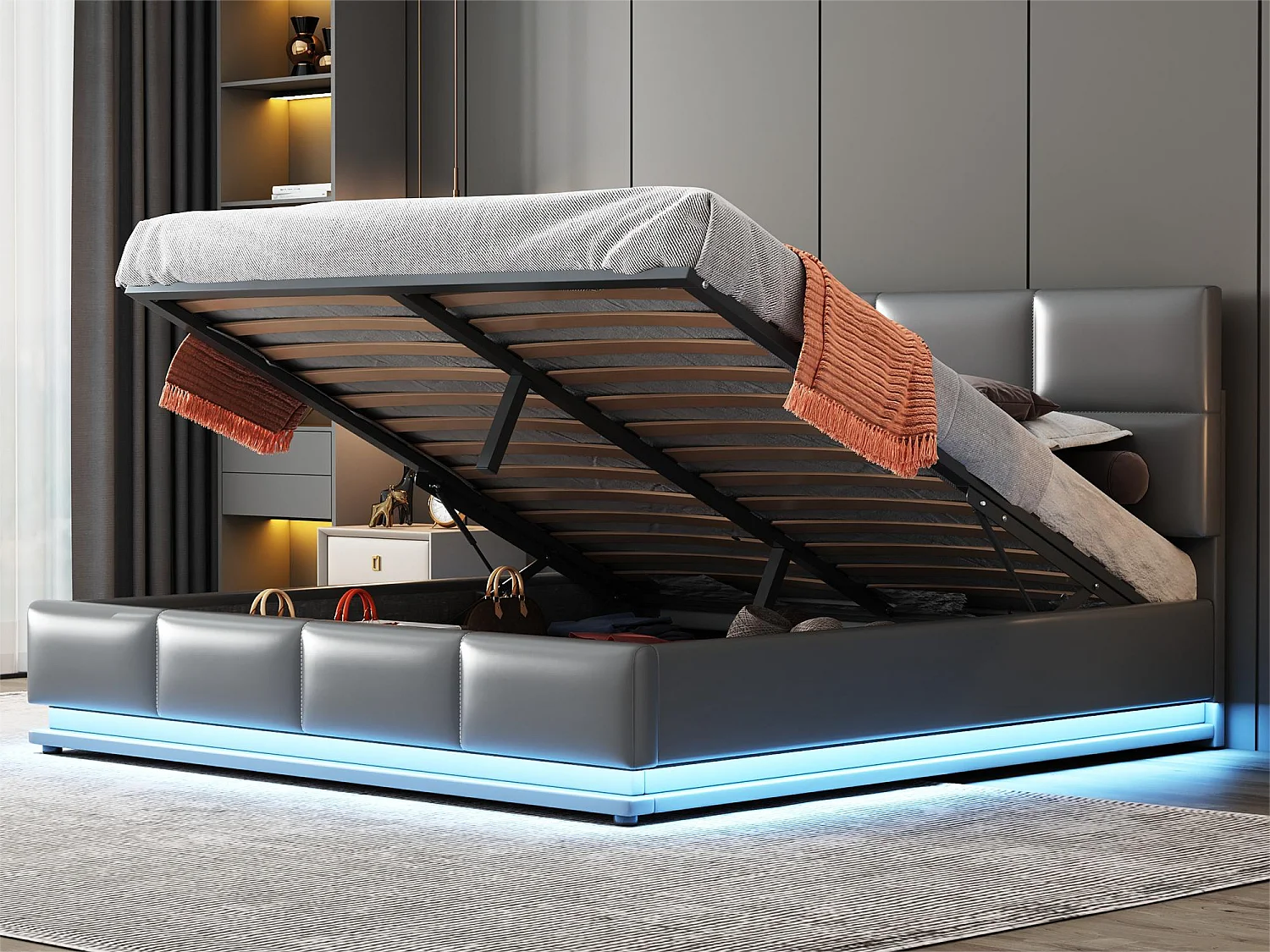 Stauraumbett mit verstellbarem Kopfteil – 160 x 200 cm – PU-Leder – LEDs – graue Farbe