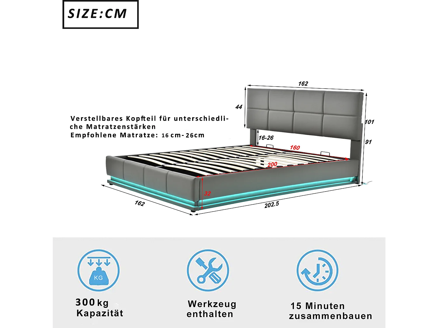 Stauraumbett mit verstellbarem Kopfteil – 160 x 200 cm – PU-Leder – LEDs – graue Farbe