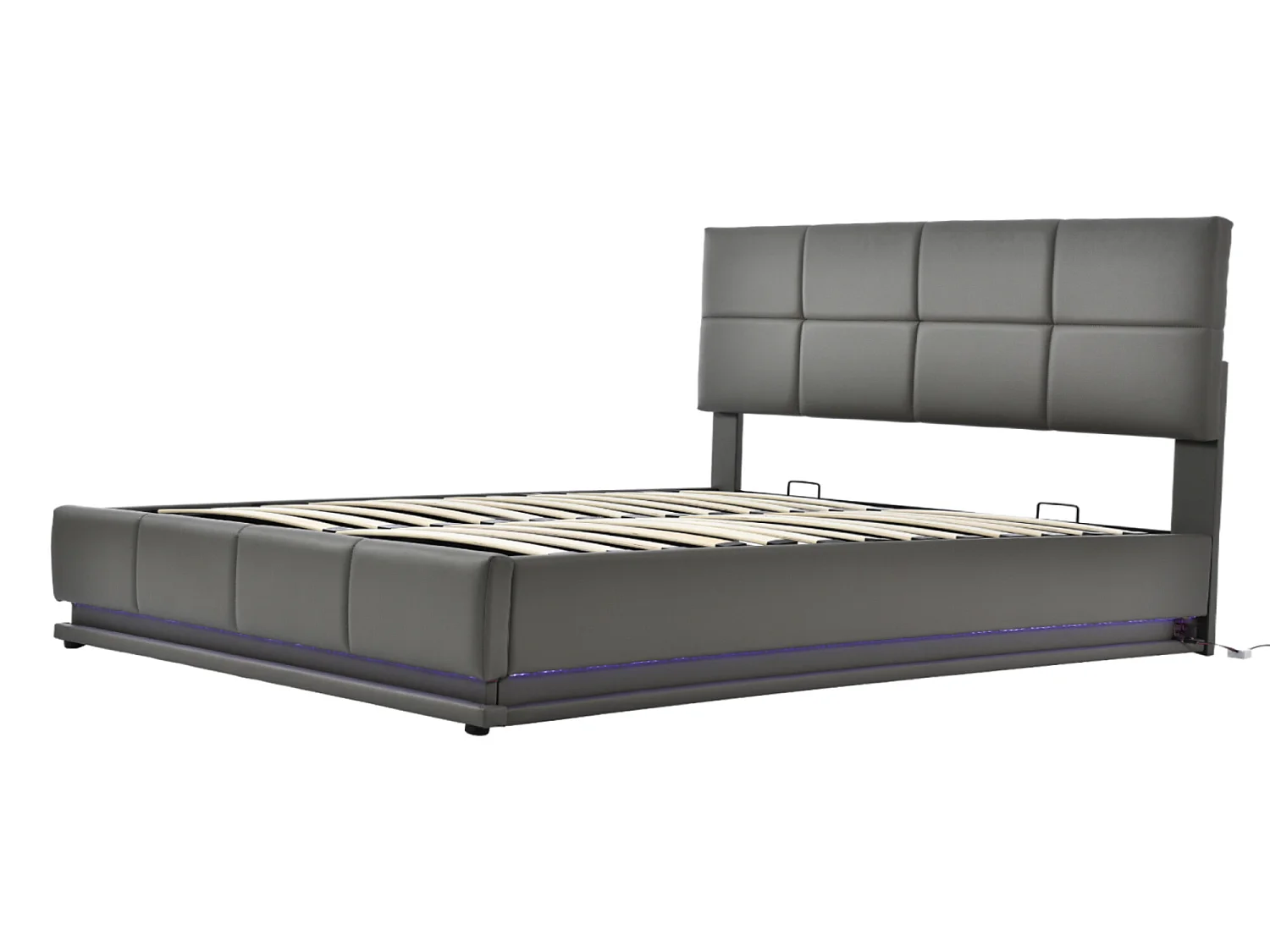 Stauraumbett mit verstellbarem Kopfteil – 160 x 200 cm – PU-Leder – LEDs – graue Farbe