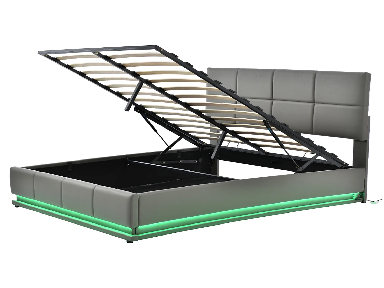 Stauraumbett mit verstellbarem Kopfteil – 160 x 200 cm – PU-Leder – LEDs – graue Farbe