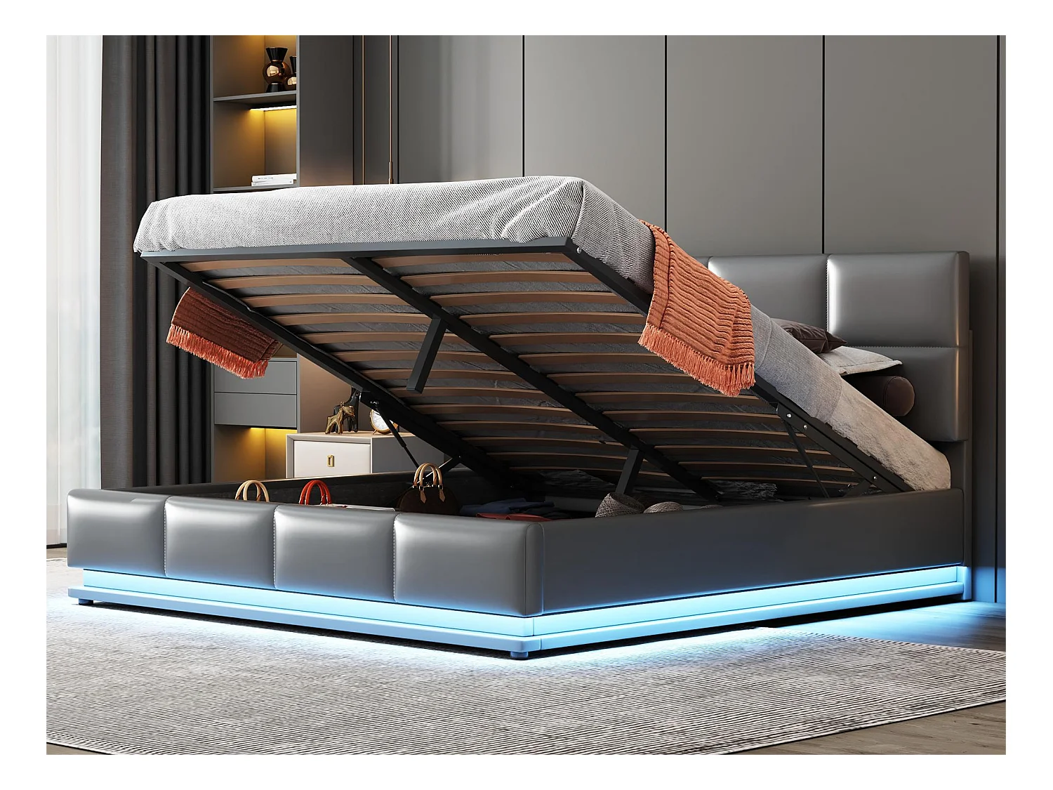 Opbergbed met verstelbaar hoofdeinde - 160 x 200 cm - PU-leer - LED's - grijze kleur