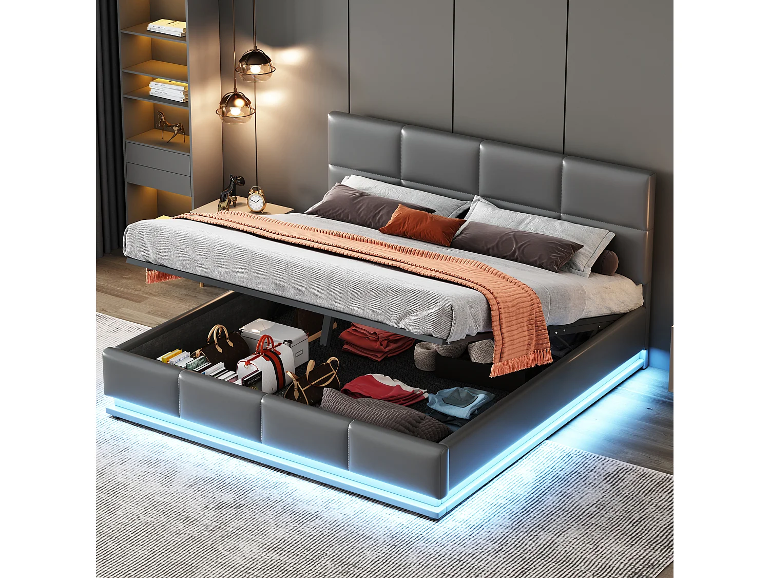 Lit coffre avec tête de lit réglable - 160 x 200 cm - cuir PU - LEDs - coloris gris